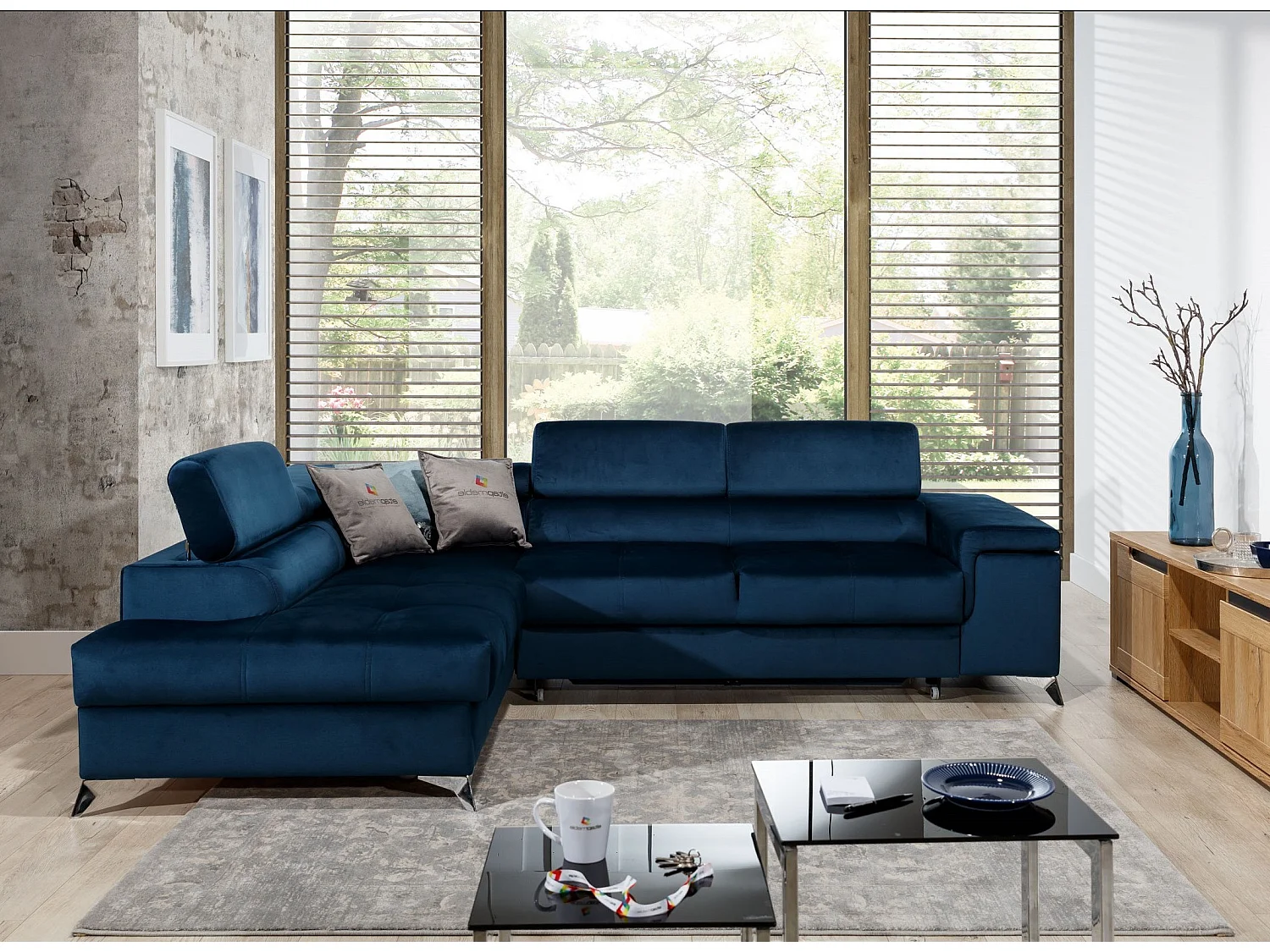 Canapé d'angle convertible velours MARIDO - Coffre et appuis-tête réglables-Bleu foncé-angle gauche