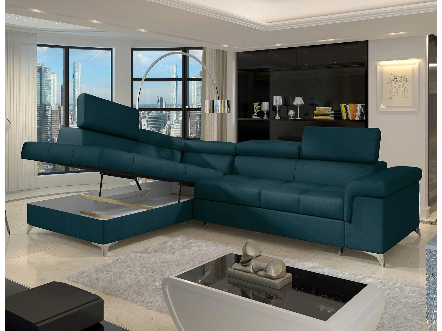 Canapé d'angle convertible velours MARIDO - Coffre et appuis-tête réglables-Bleu foncé-angle gauche