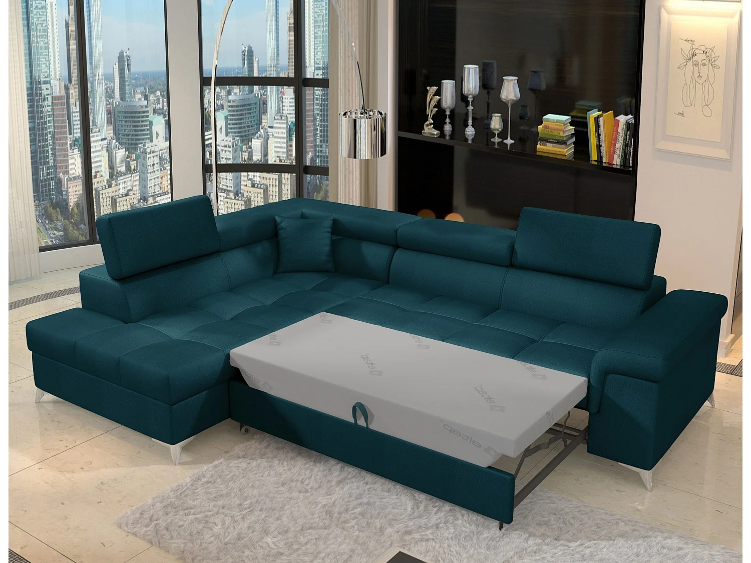 Canapé d'angle convertible velours MARIDO - Coffre et appuis-tête réglables-Bleu foncé-angle gauche