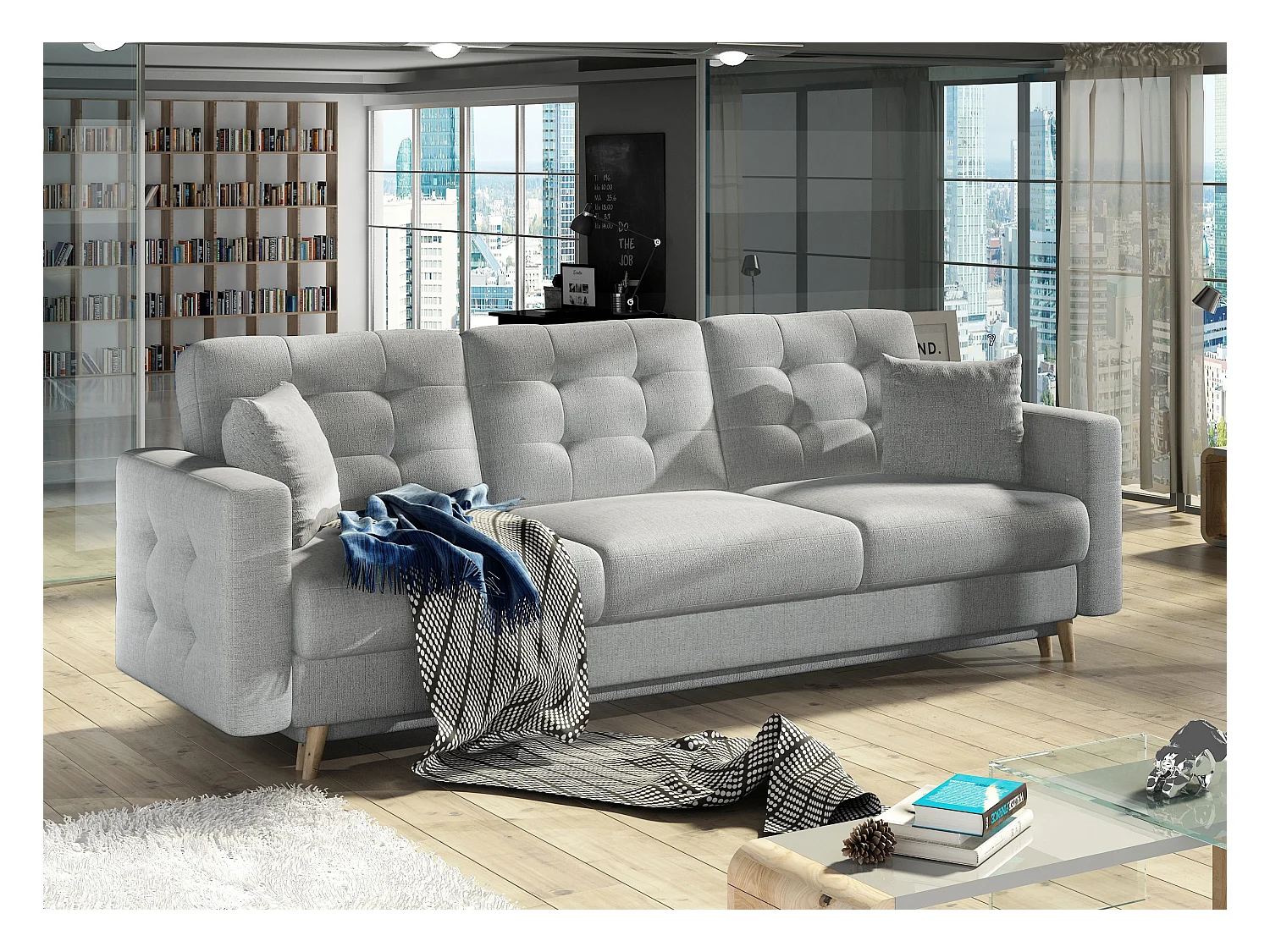 Canapé 3 places convertible matelassé tissu gris clair Anska 235cm