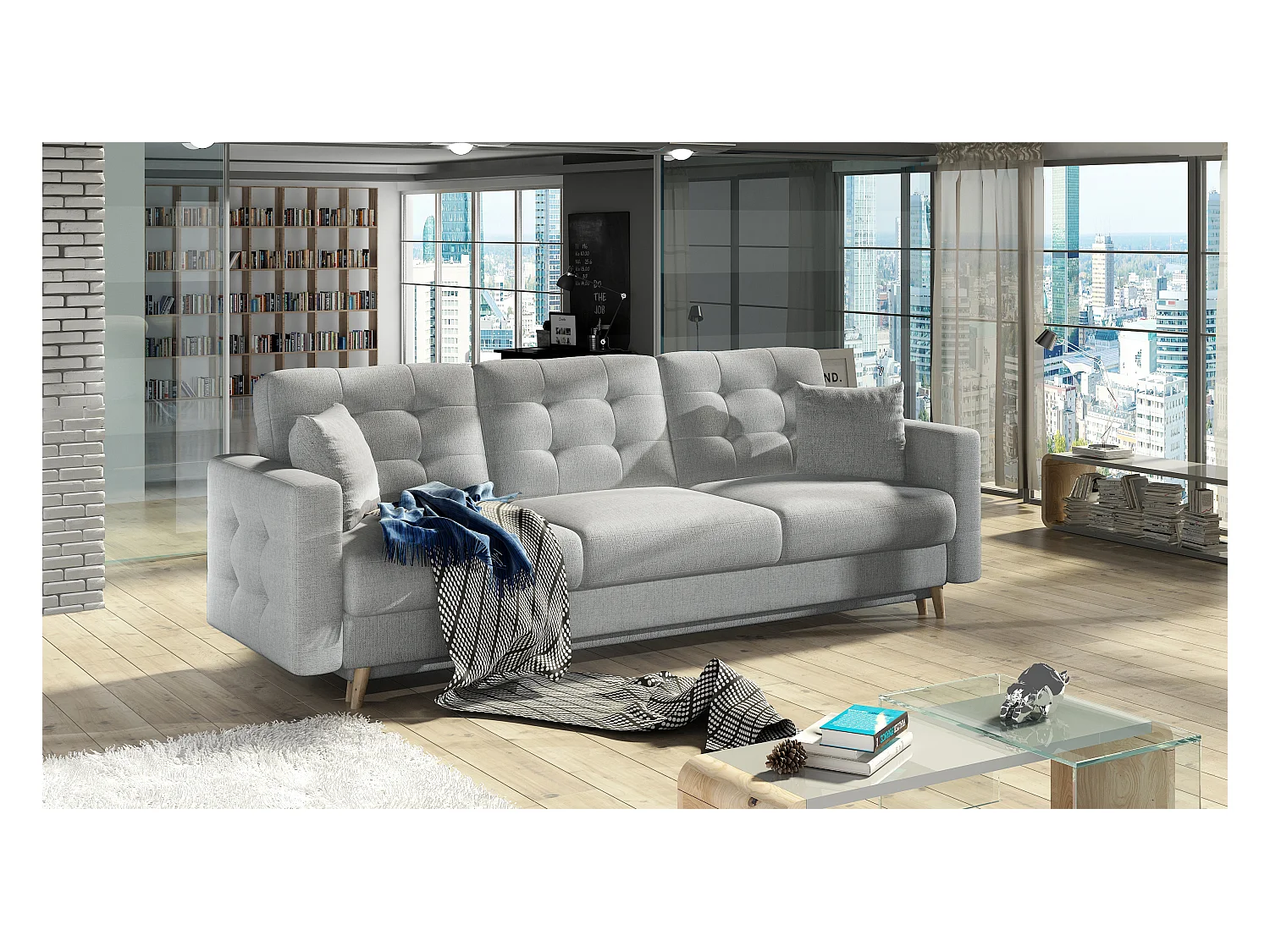 Canapé 3 places convertible matelassé tissu gris clair Anska 235cm