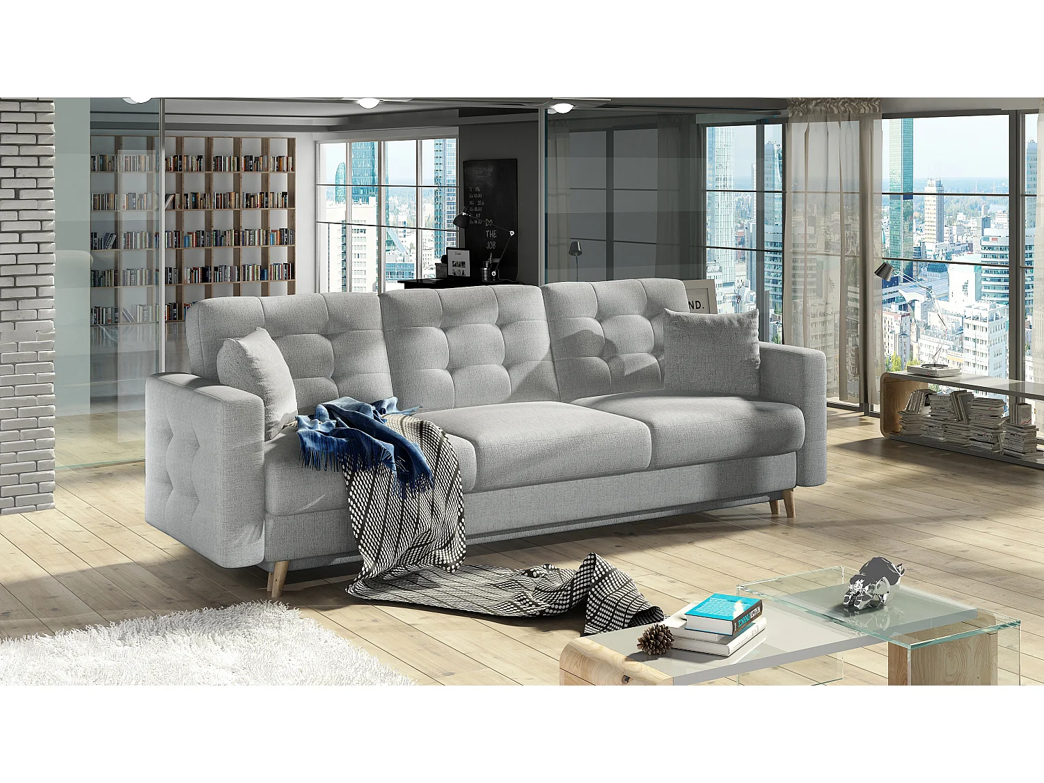 Canapé 3 places convertible matelassé tissu gris clair Anska 235cm