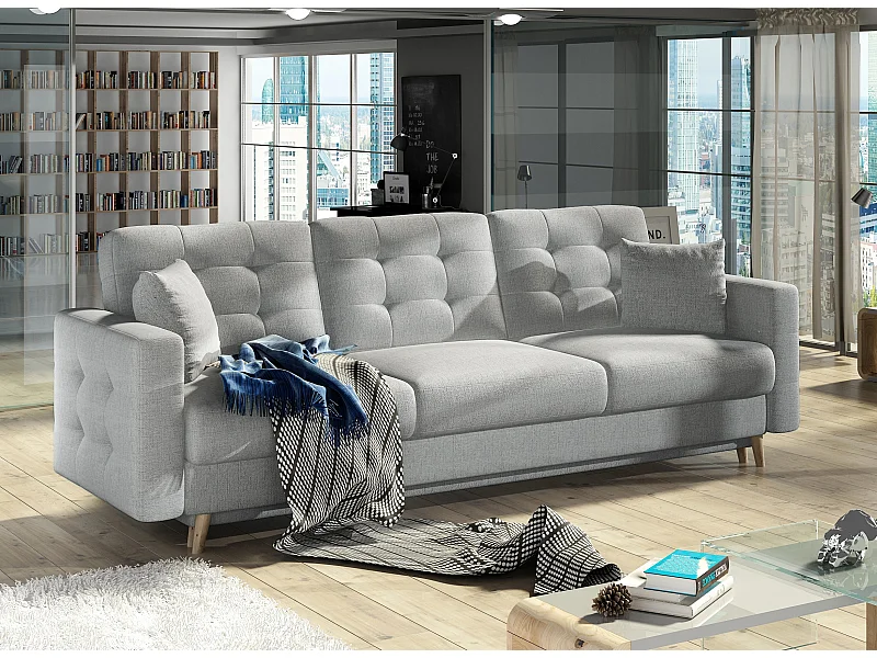 Canapé 3 places convertible matelassé tissu gris clair Anska 235cm
