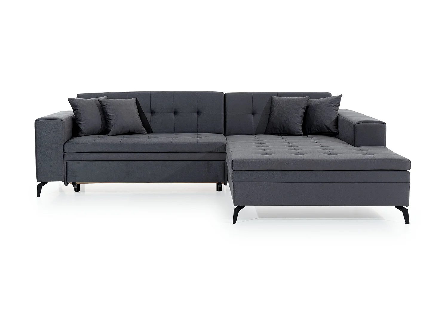 Canapé convertible capitonné angle droit simili cuir blanc et pieds métal noir Lazor 295cm