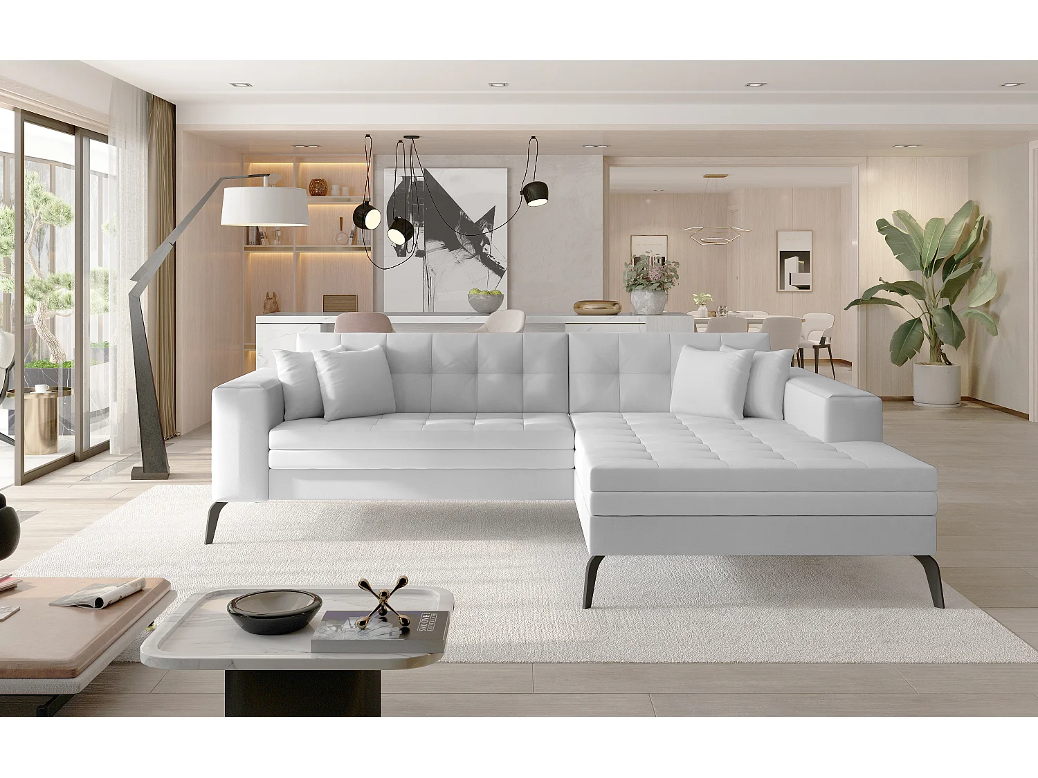 Canapé convertible capitonné angle droit simili cuir blanc et pieds métal noir Lazor 295cm