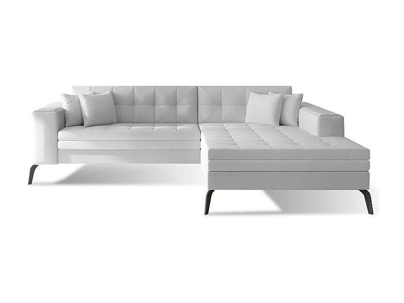 Canapé convertible capitonné angle droit simili cuir blanc et pieds métal noir Lazor 295cm
