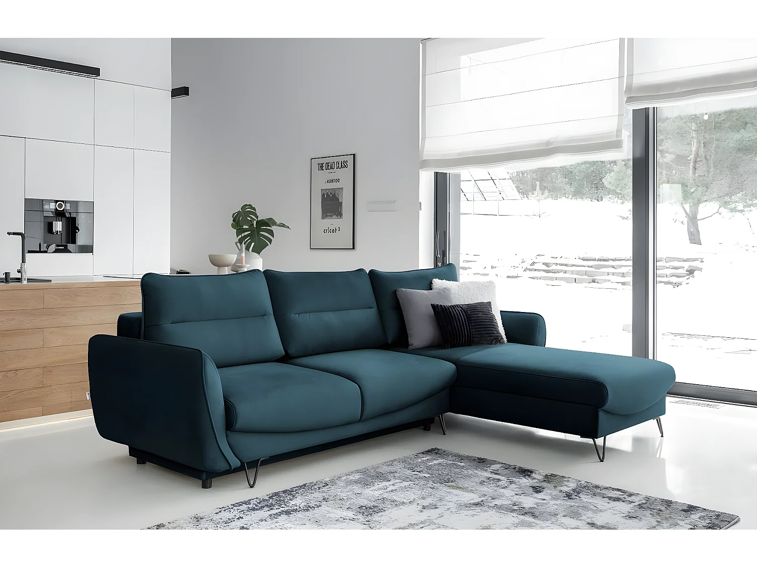 Canapé d'angle droit convertible tissu doux bleu nuit Zurik 276cm