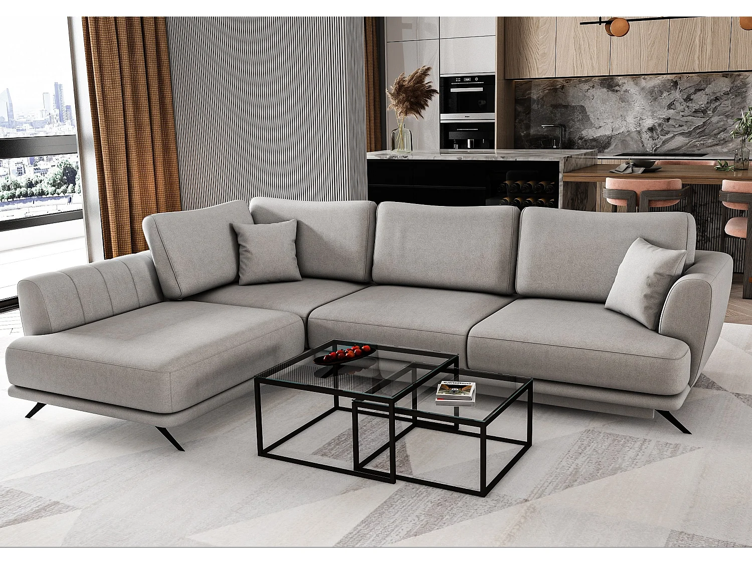 Converteerbare bank linkerhoek Savary grijsbeige stof 280 cm