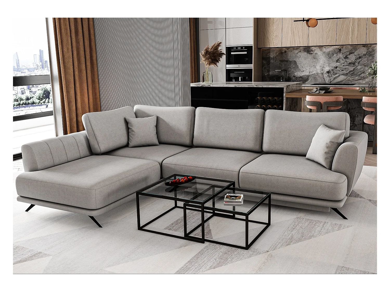 Canapé convertible angle gauche tissu gris beige Savary 280cm