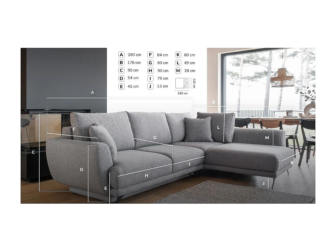 Canapé convertible angle gauche tissu gris beige Savary 280cm