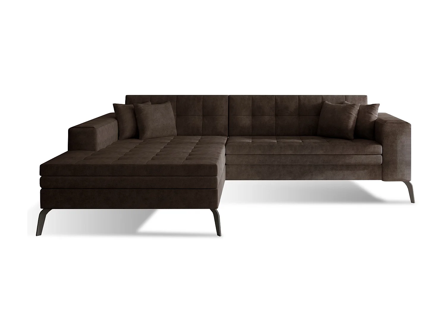 Canapé convertible capitonné angle gauche tissu marron et pieds métal noir Lazor 295cm