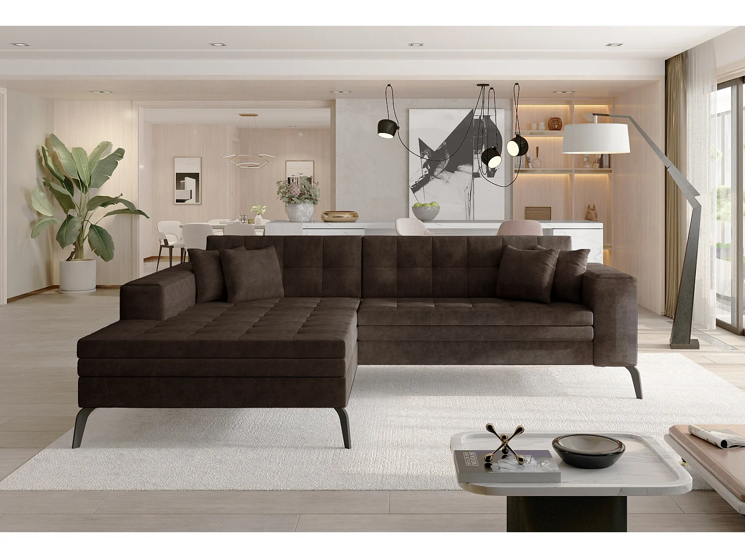 Canapé convertible capitonné angle gauche tissu marron et pieds métal noir Lazor 295cm