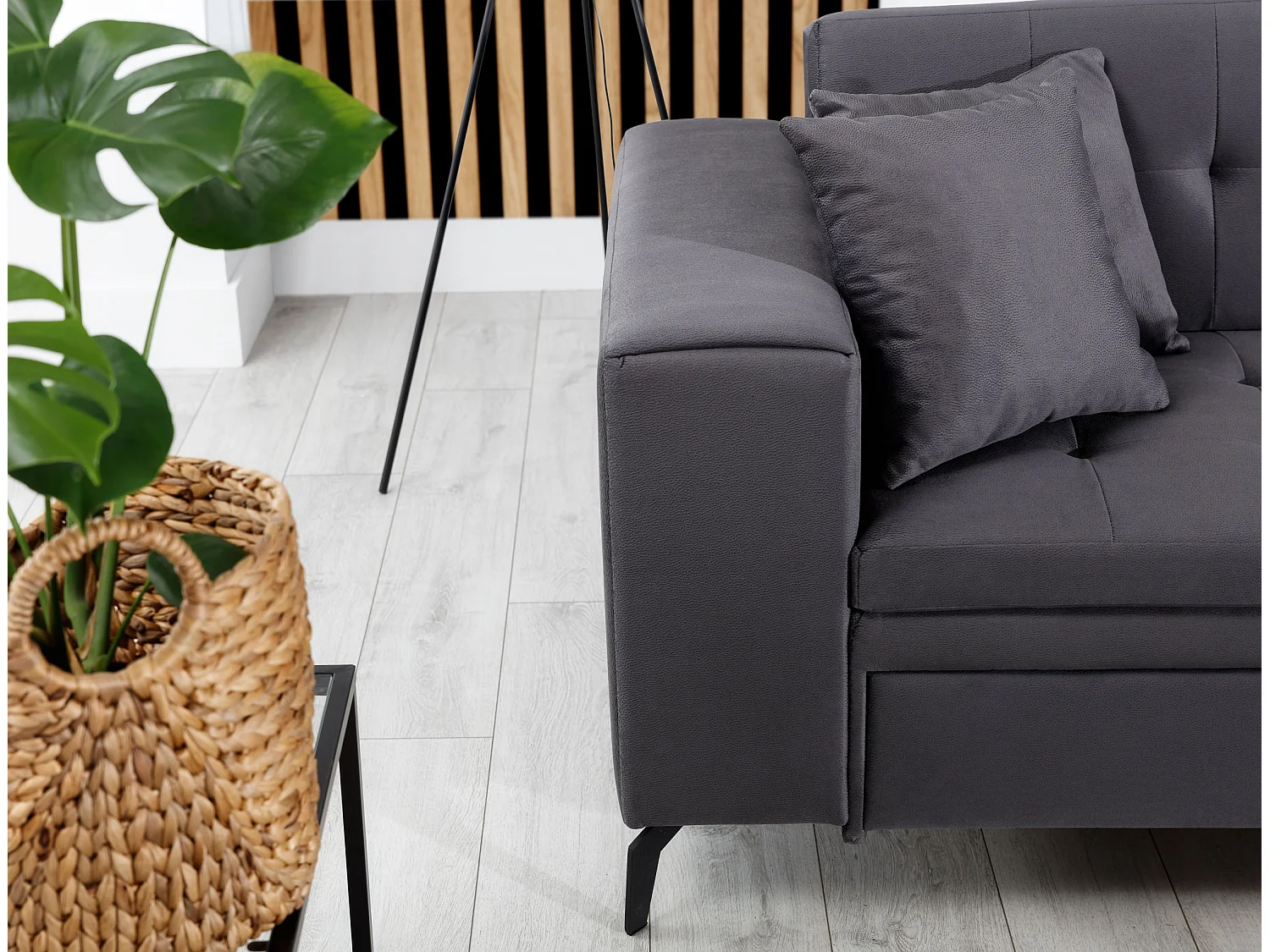 Canapé convertible capitonné angle gauche tissu marron et pieds métal noir Lazor 295cm