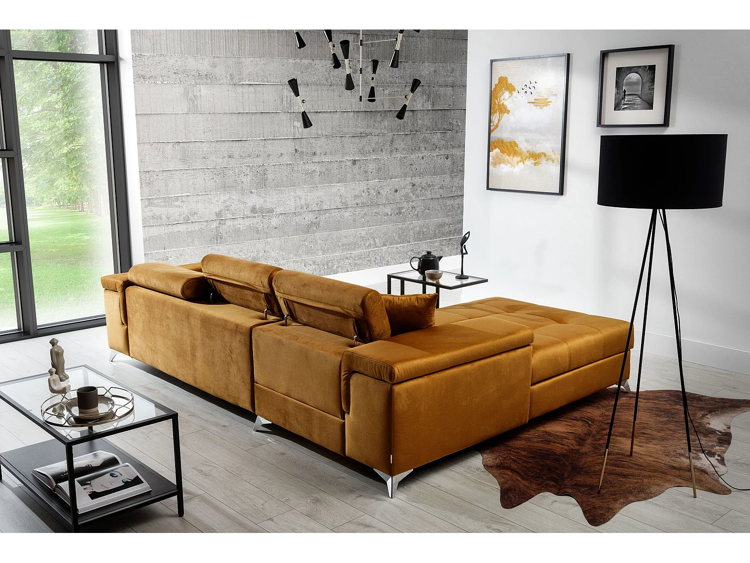 Canapé angle gauche convertible velours marron orangé avec appuis-tête réglables Rikaro 280cm