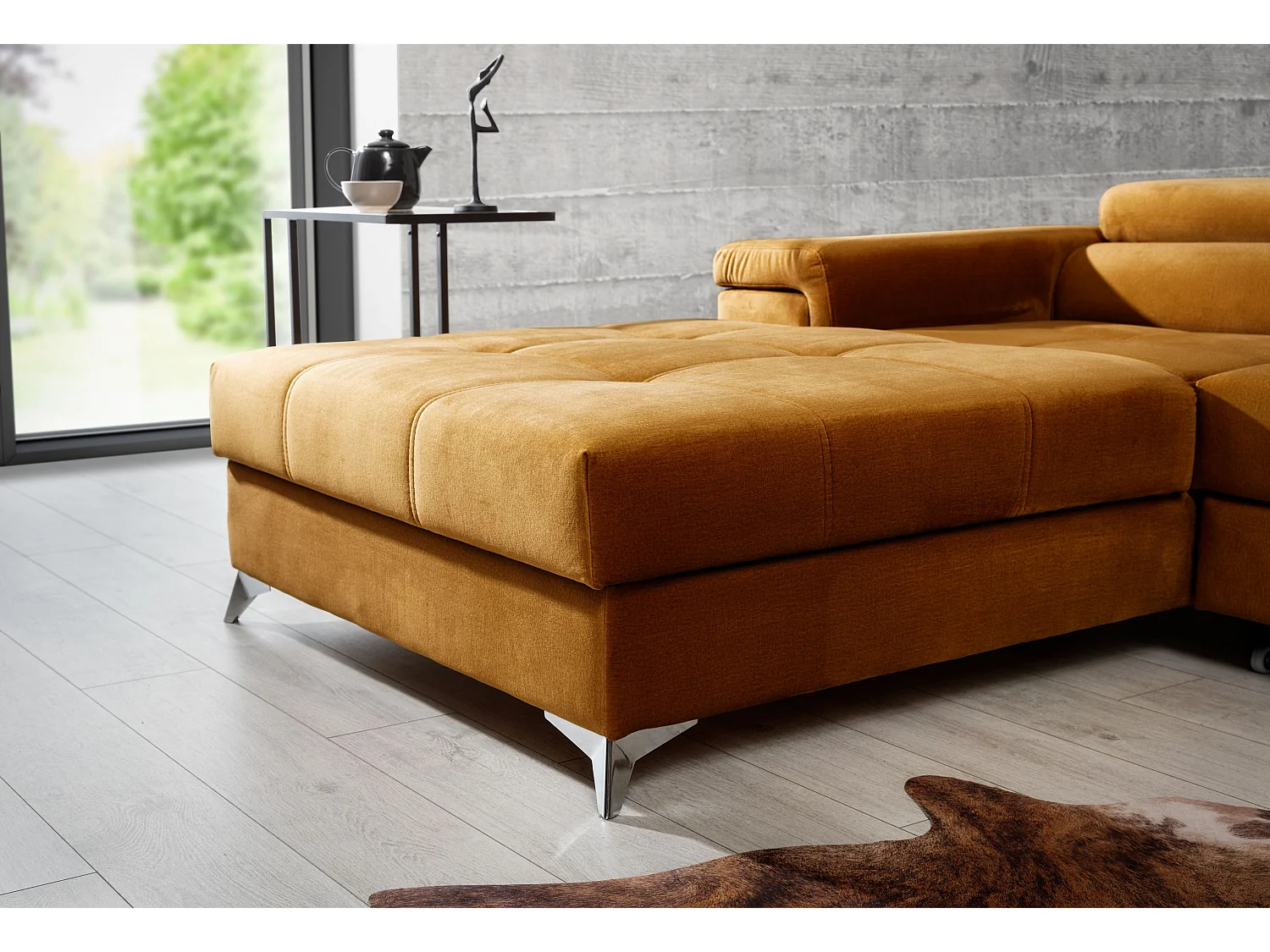 Canapé angle gauche convertible velours marron orangé avec appuis-tête réglables Rikaro 280cm