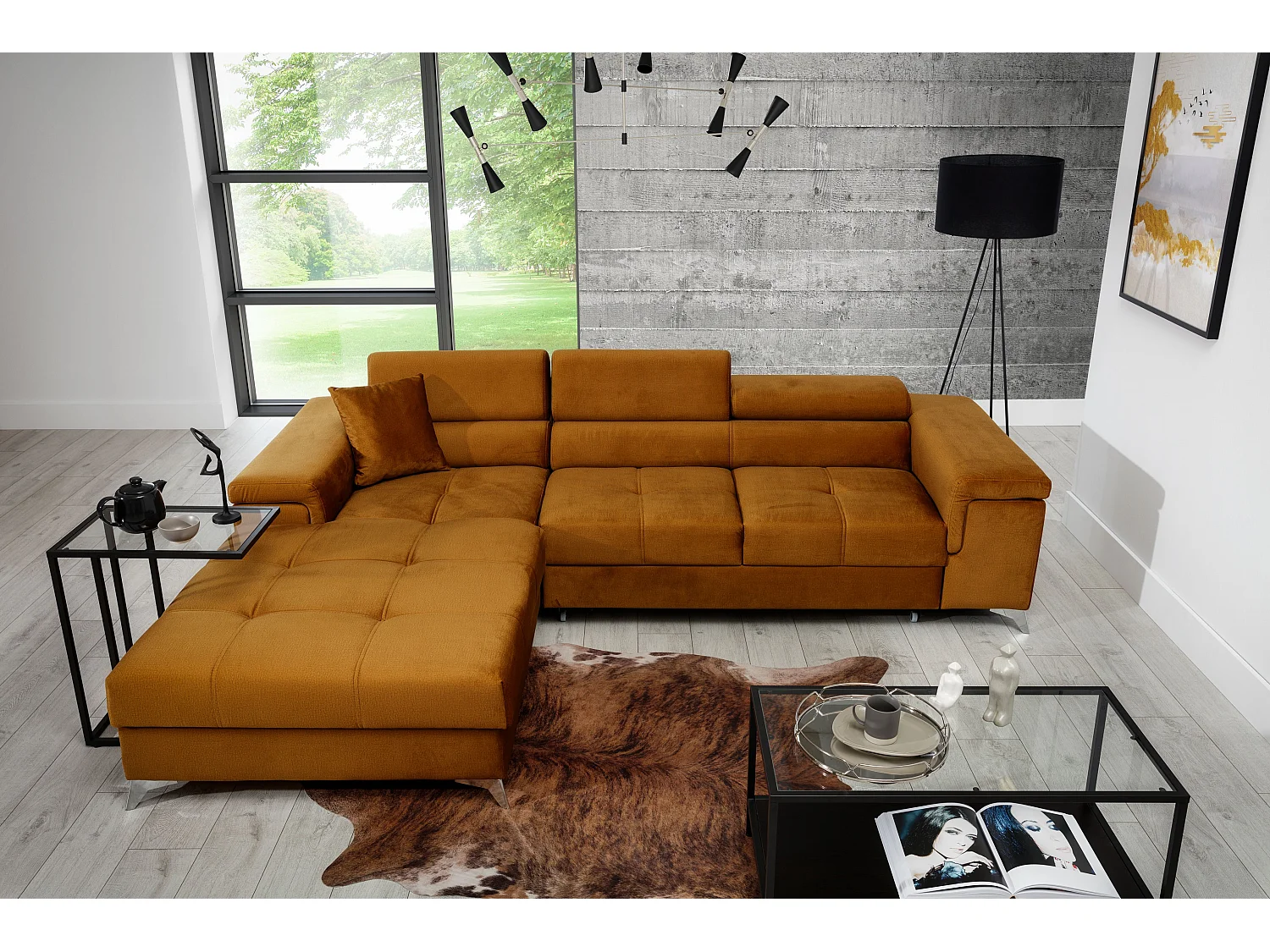 Sofá esquinero convertible RIKARO de terciopelo con reposacabezas ajustables - Base y patas de acero cromado-Naranja-Ángulo izquierdo