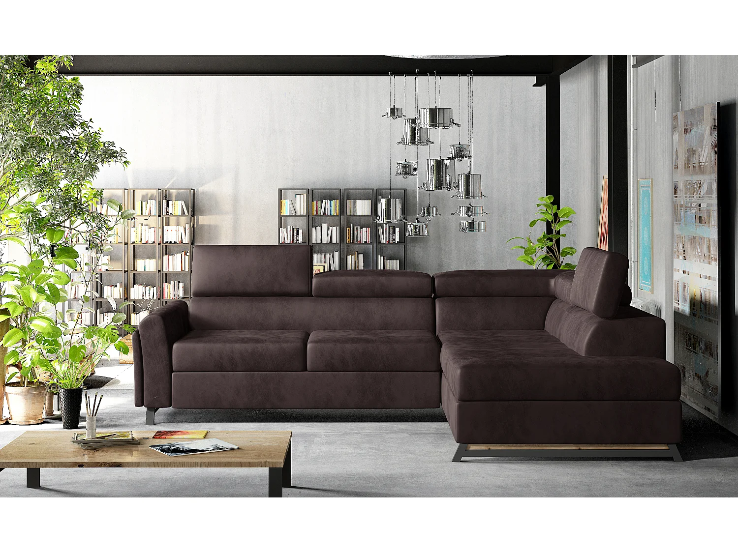 Canapé angle droit convertible velours marron avec têtières réglables Nikos 265cm