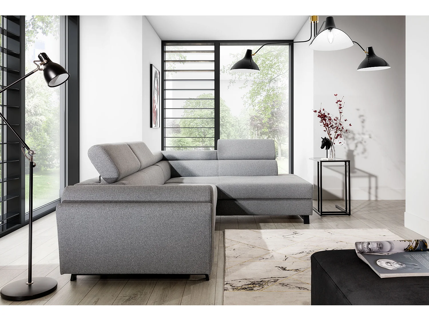 Canapé angle droit convertible velours marron avec têtières réglables Nikos 265cm