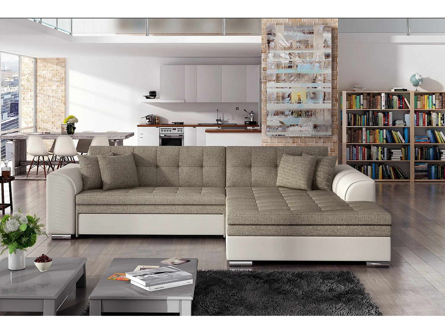 Canapé d'angle droit convertible 4 places tissu et simili beige Looka 295cm