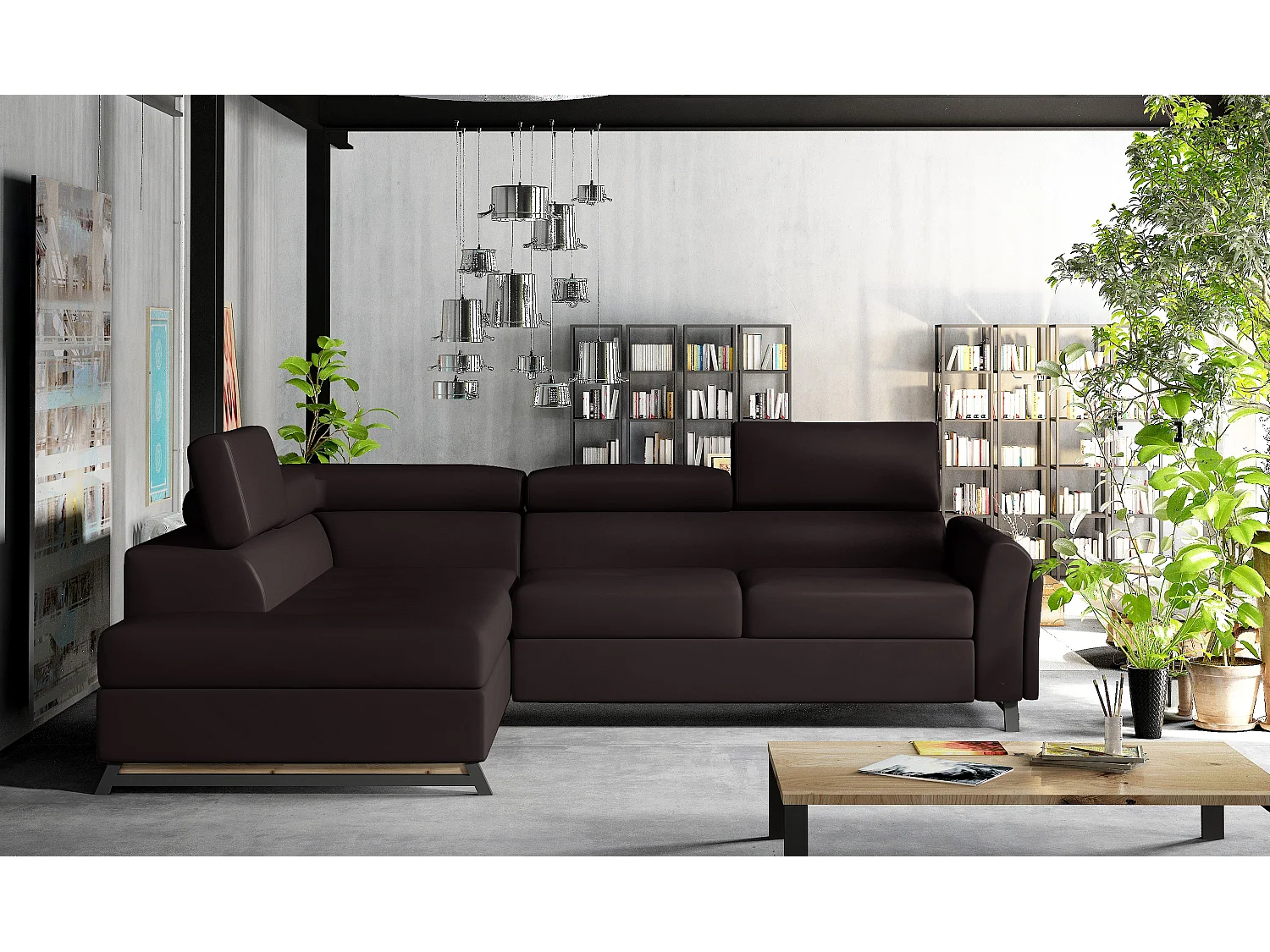 Canapé angle gauche convertible simili cuir marron avec têtières réglables Nikos 265cm