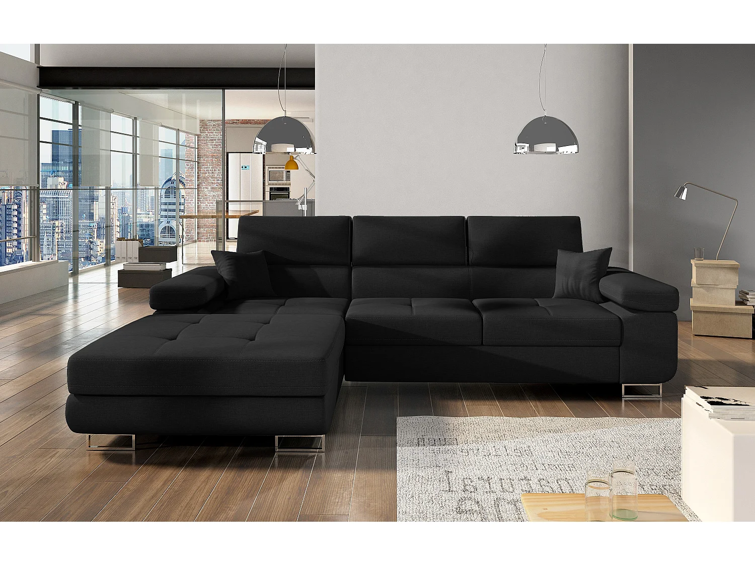 Canapé convertible d'angle gauche tissu noir avec rangement Wile 280cm