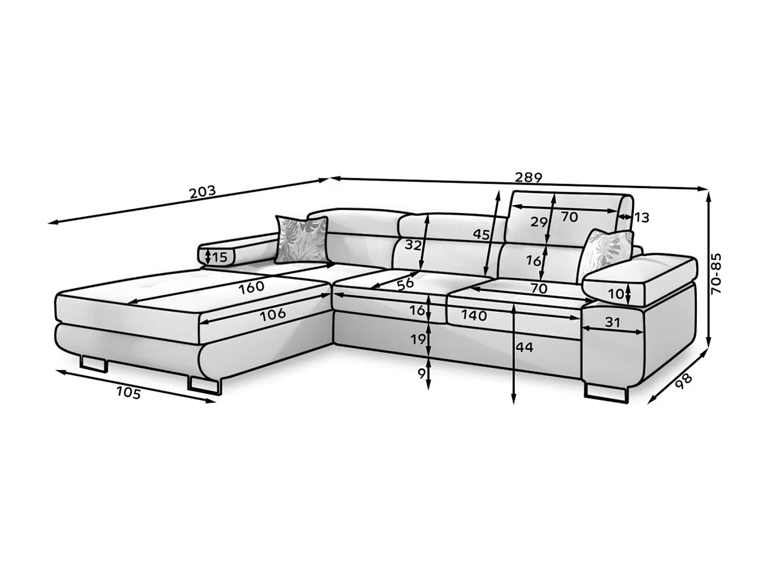 Hoekbank in stof Kalizo met verstelbare hoofdsteunen - Converteerbaar en kofferbak-Kleur Zwart-linkerhoek
