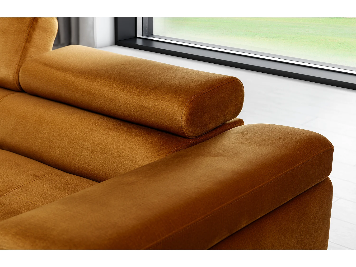 Canapé d'angle convertible tissu appuis-tête réglables KALIZO - Coffre et pieds acier chromé-Noir-angle gauche