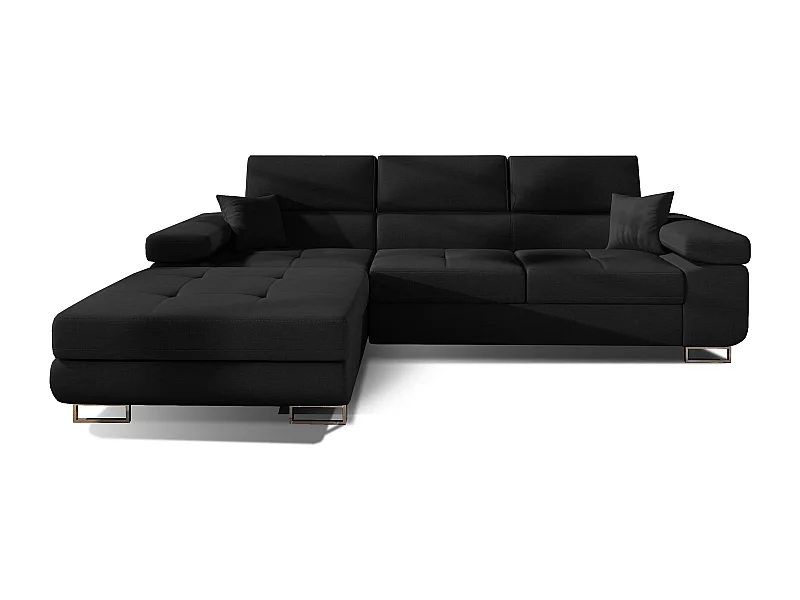 Canapé d'angle convertible tissu appuis-tête réglables KALIZO - Coffre et pieds acier chromé-Noir-angle gauche