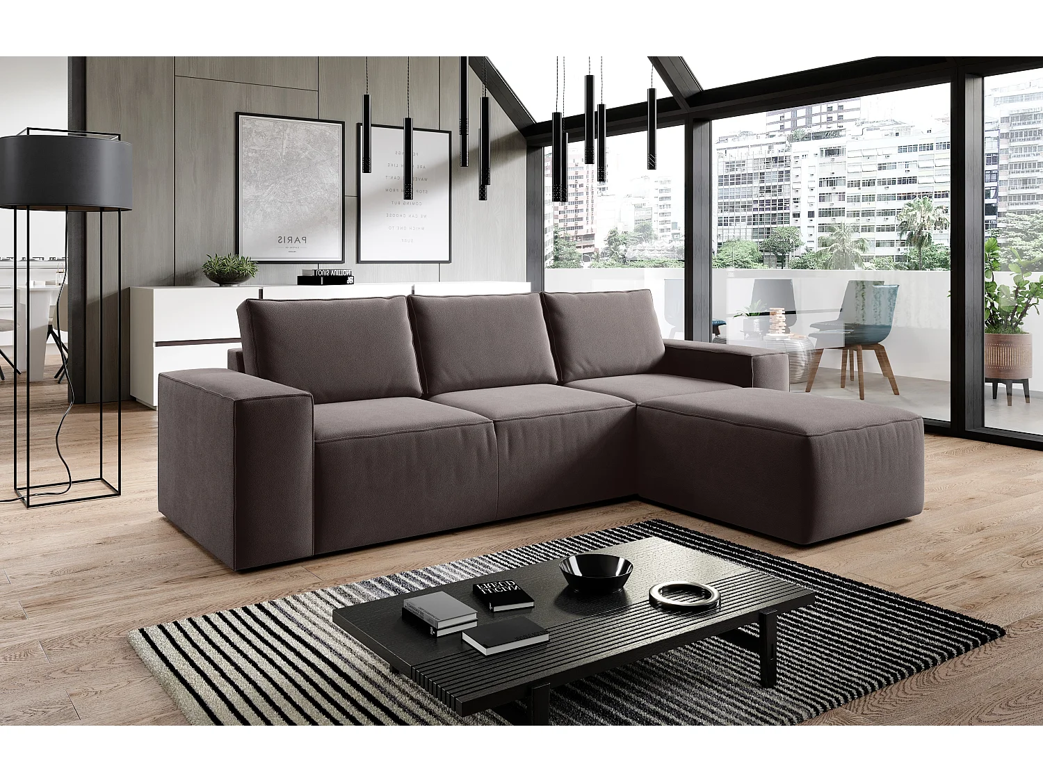 Canapé d'angle droit convertible moderne tissu marron Willace 302cm