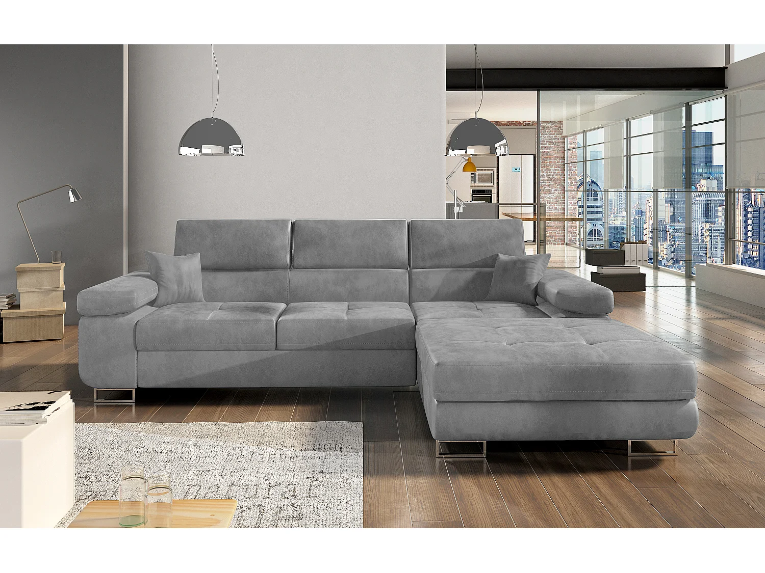 Canapé convertible d'angle droit velours gris clair avec rangement Wile 280cm