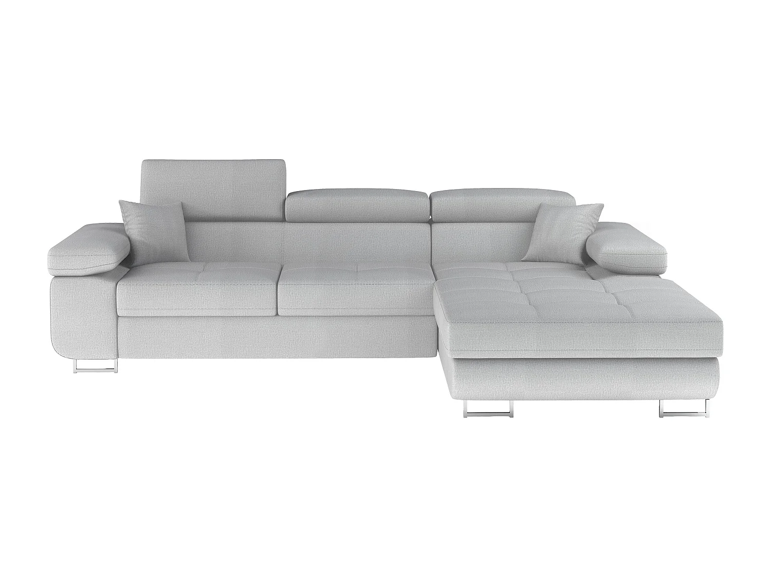 Canapé d'angle convertible velours appuis-tête réglables KALIZO - Coffre et pieds acier chromé-Gris clair-angle droit