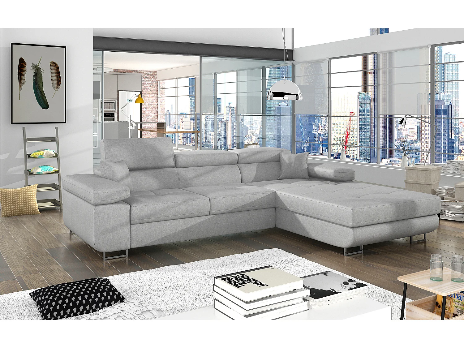 Canapé d'angle convertible velours appuis-tête réglables KALIZO - Coffre et pieds acier chromé-Gris clair-angle droit