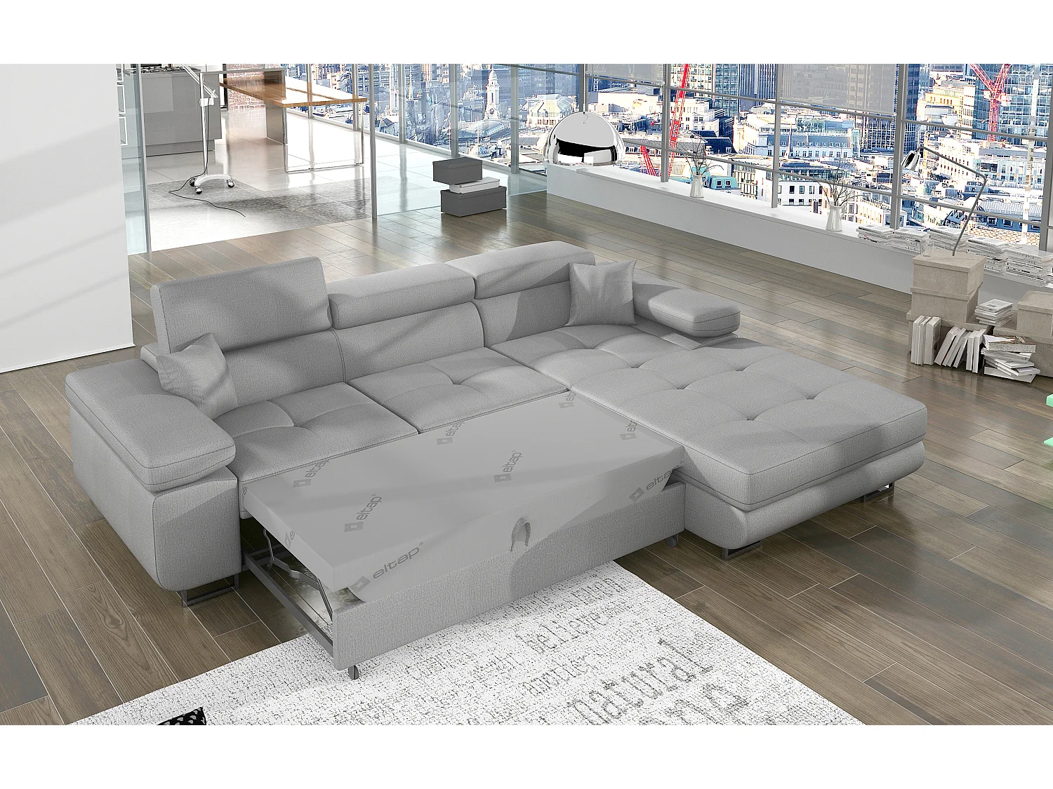 Canapé d'angle convertible velours appuis-tête réglables KALIZO - Coffre et pieds acier chromé-Gris clair-angle droit