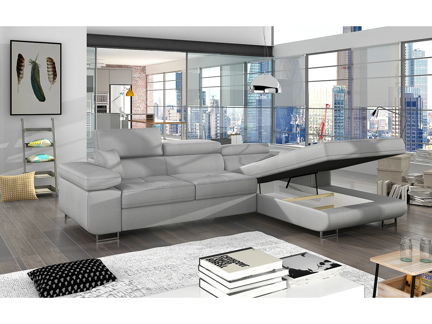 Canapé d'angle convertible velours appuis-tête réglables KALIZO - Coffre et pieds acier chromé-Gris clair-angle droit