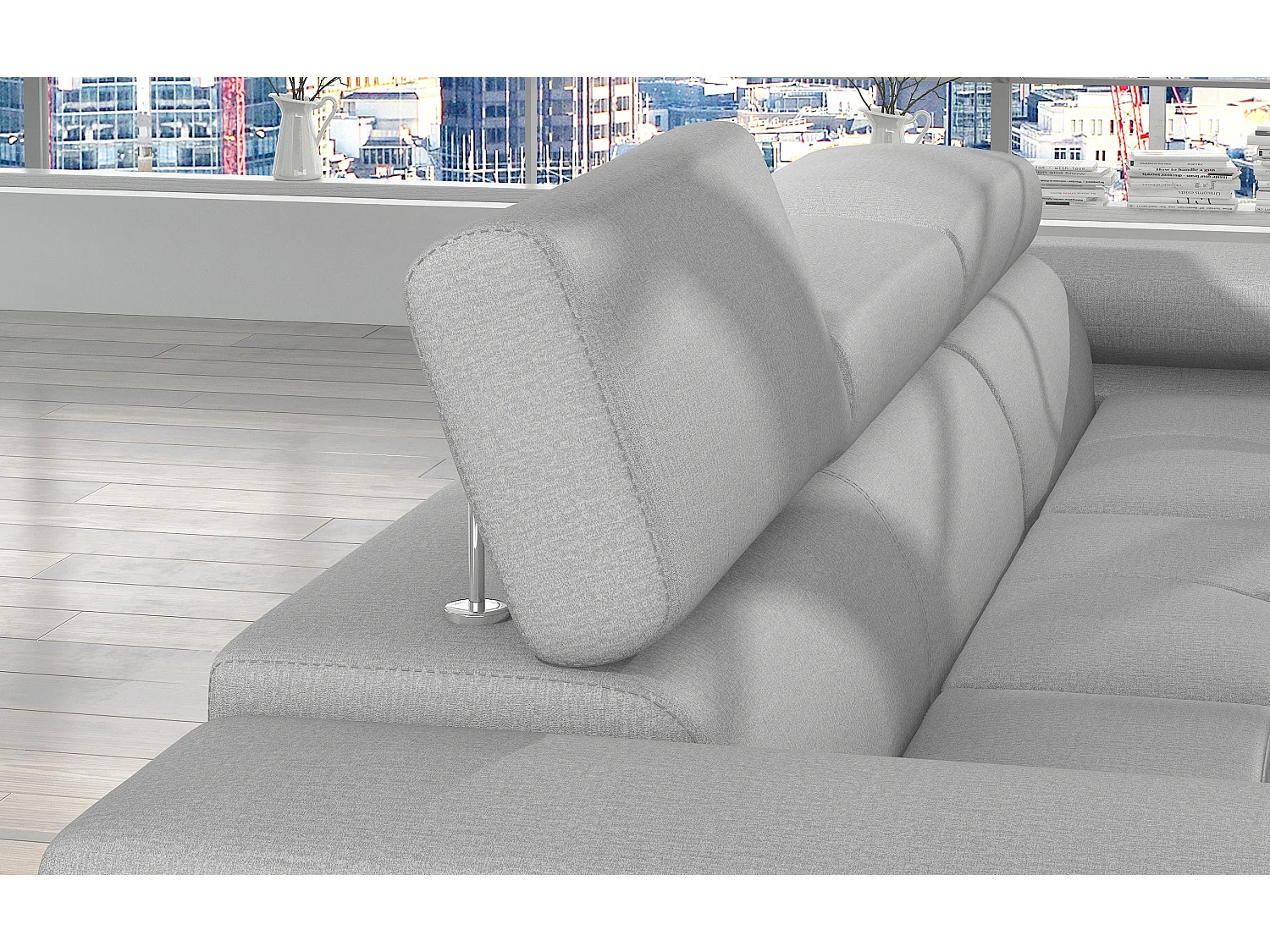 Canapé d'angle convertible velours appuis-tête réglables KALIZO - Coffre et pieds acier chromé-Gris clair-angle droit