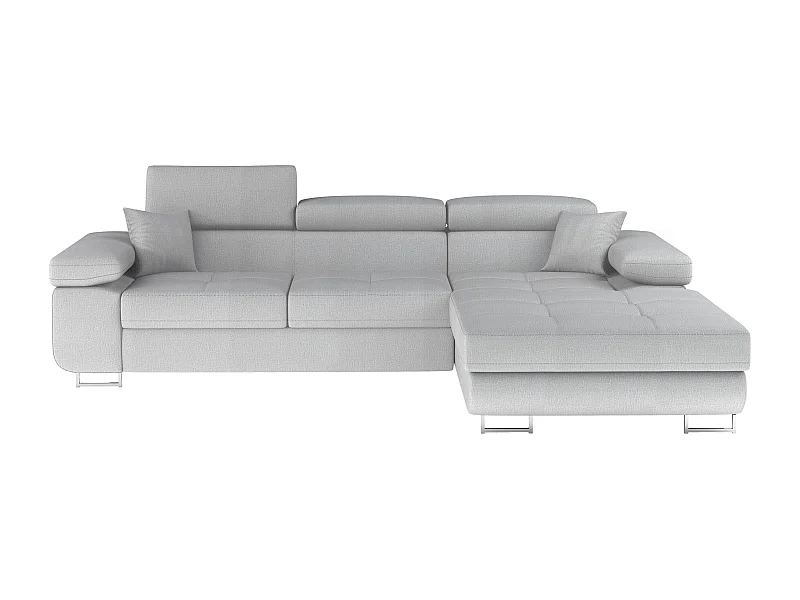 Canapé d'angle convertible velours appuis-tête réglables KALIZO - Coffre et pieds acier chromé-Gris clair-angle droit