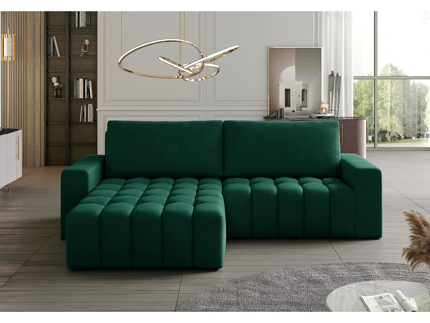 Canapé convertible design velours matelassé vert impérial angle gauche Bozen 250cm