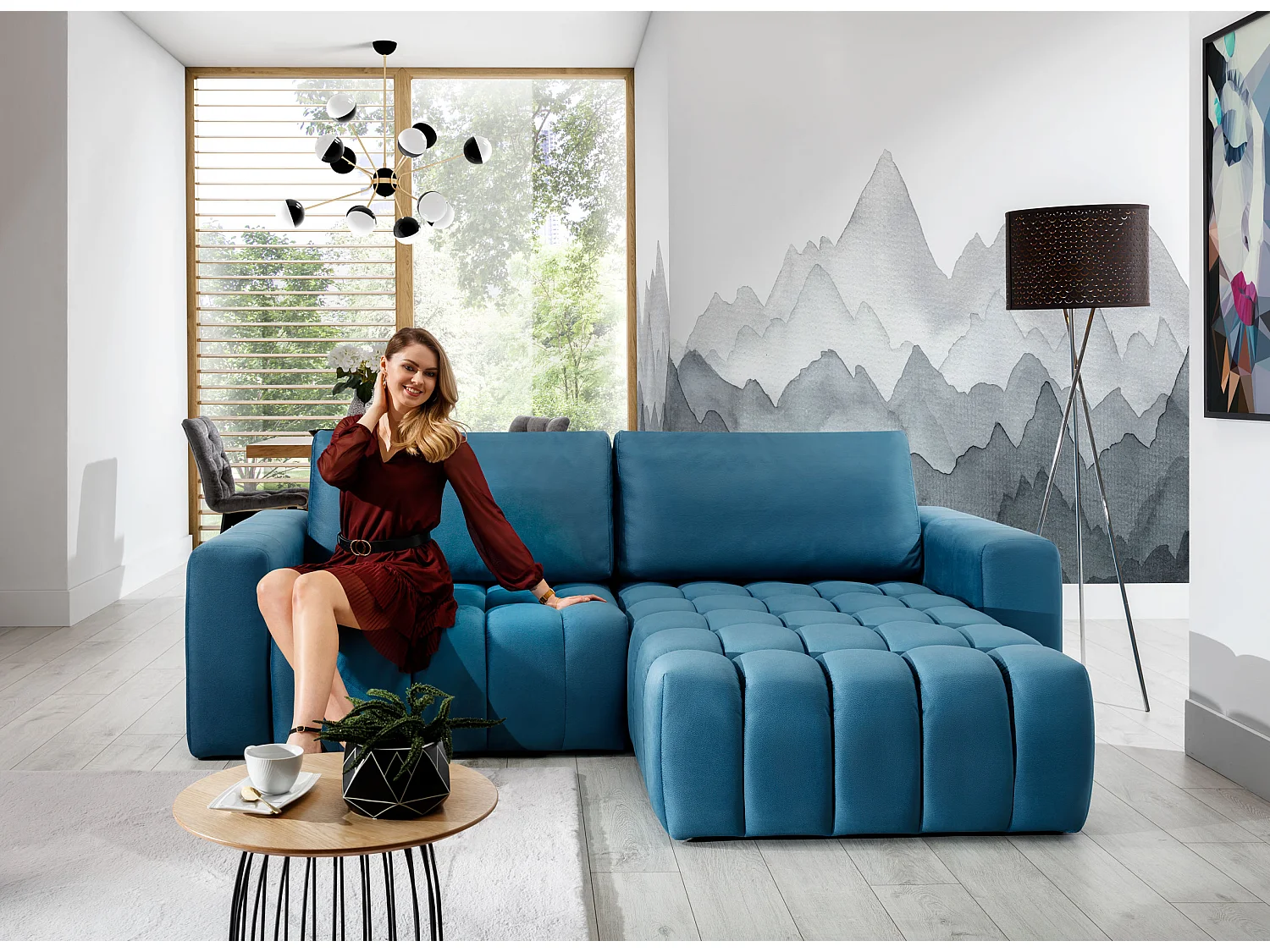 Canapé convertible design velours matelassé vert impérial angle gauche Bozen 250cm