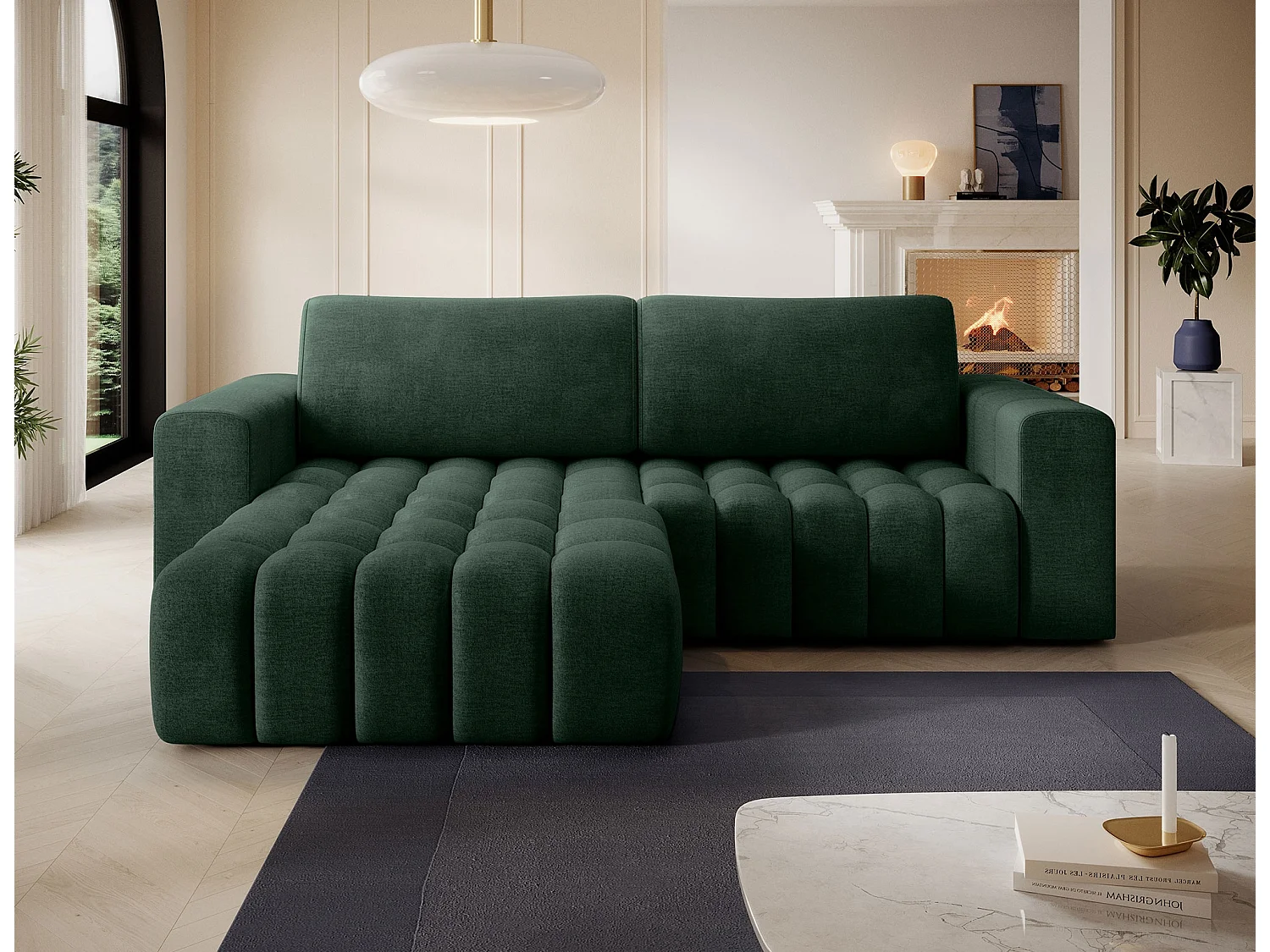 Canapé d’angle velours capitonné BOZEN – Convertible et rangement-Vert foncé-angle gauche