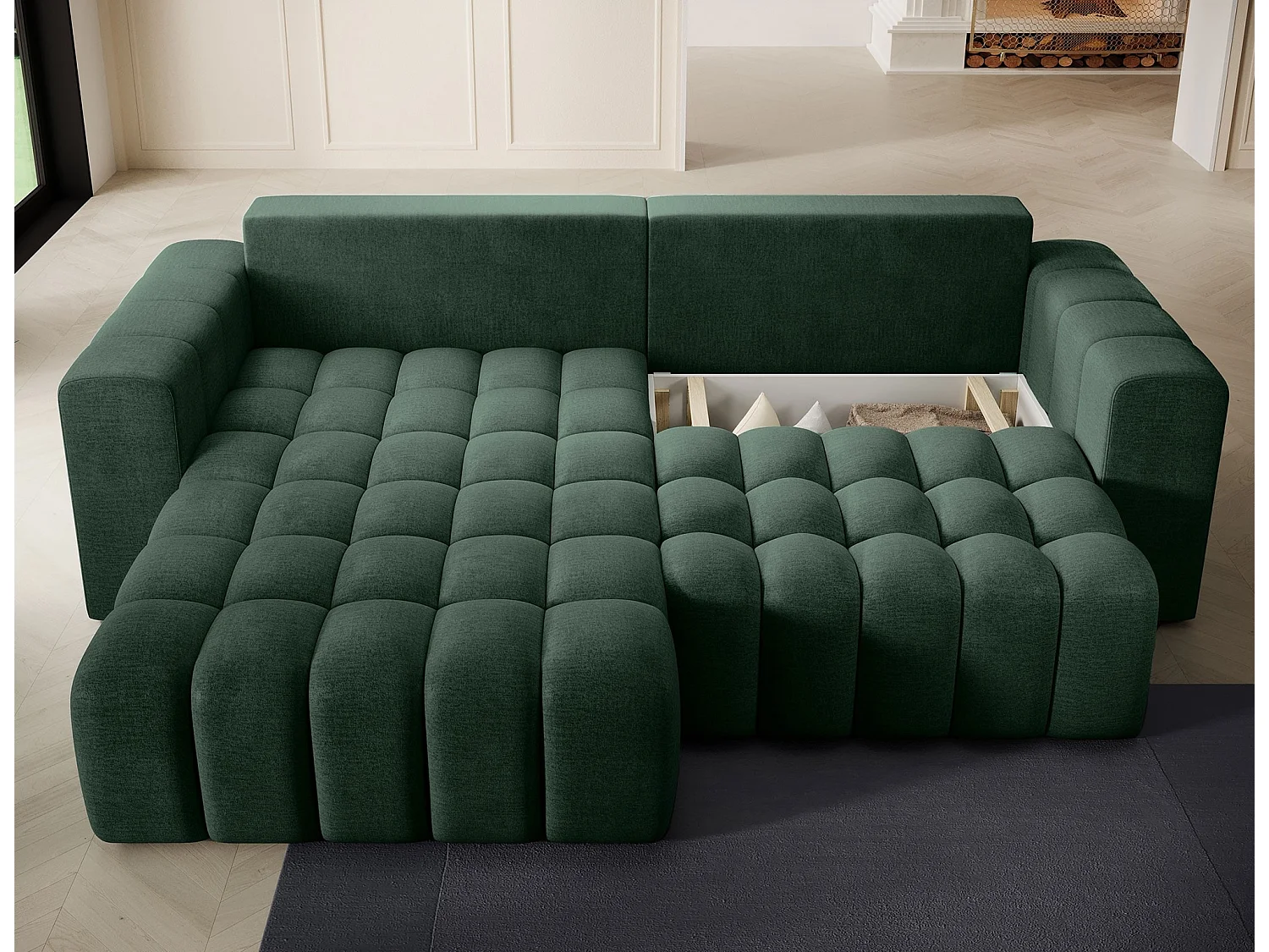 Canapé d’angle velours capitonné BOZEN – Convertible et rangement-Vert foncé-angle gauche