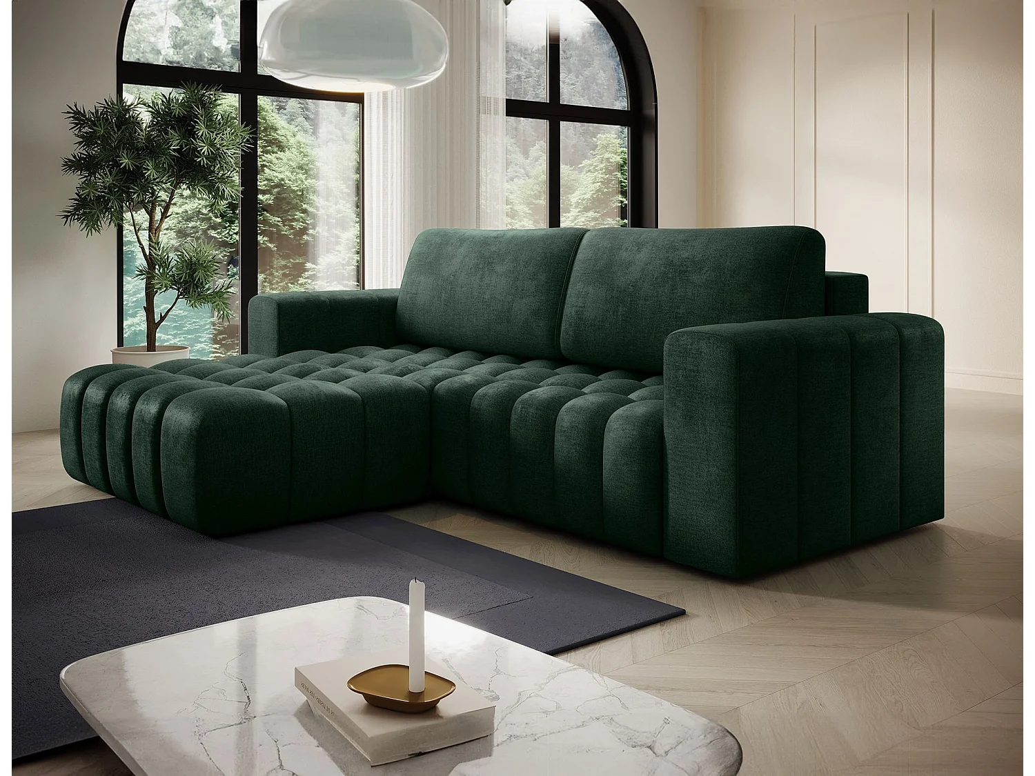 Canapé d’angle velours capitonné BOZEN – Convertible et rangement-Vert foncé-angle gauche