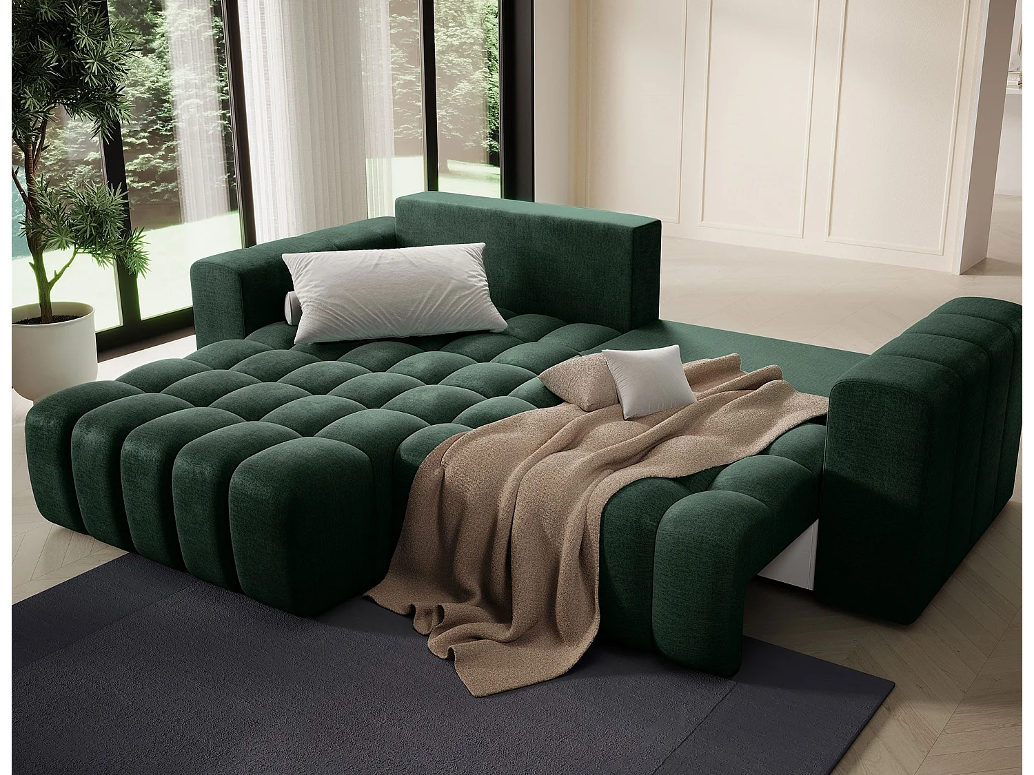 Canapé d’angle velours capitonné BOZEN – Convertible et rangement-Vert foncé-angle gauche