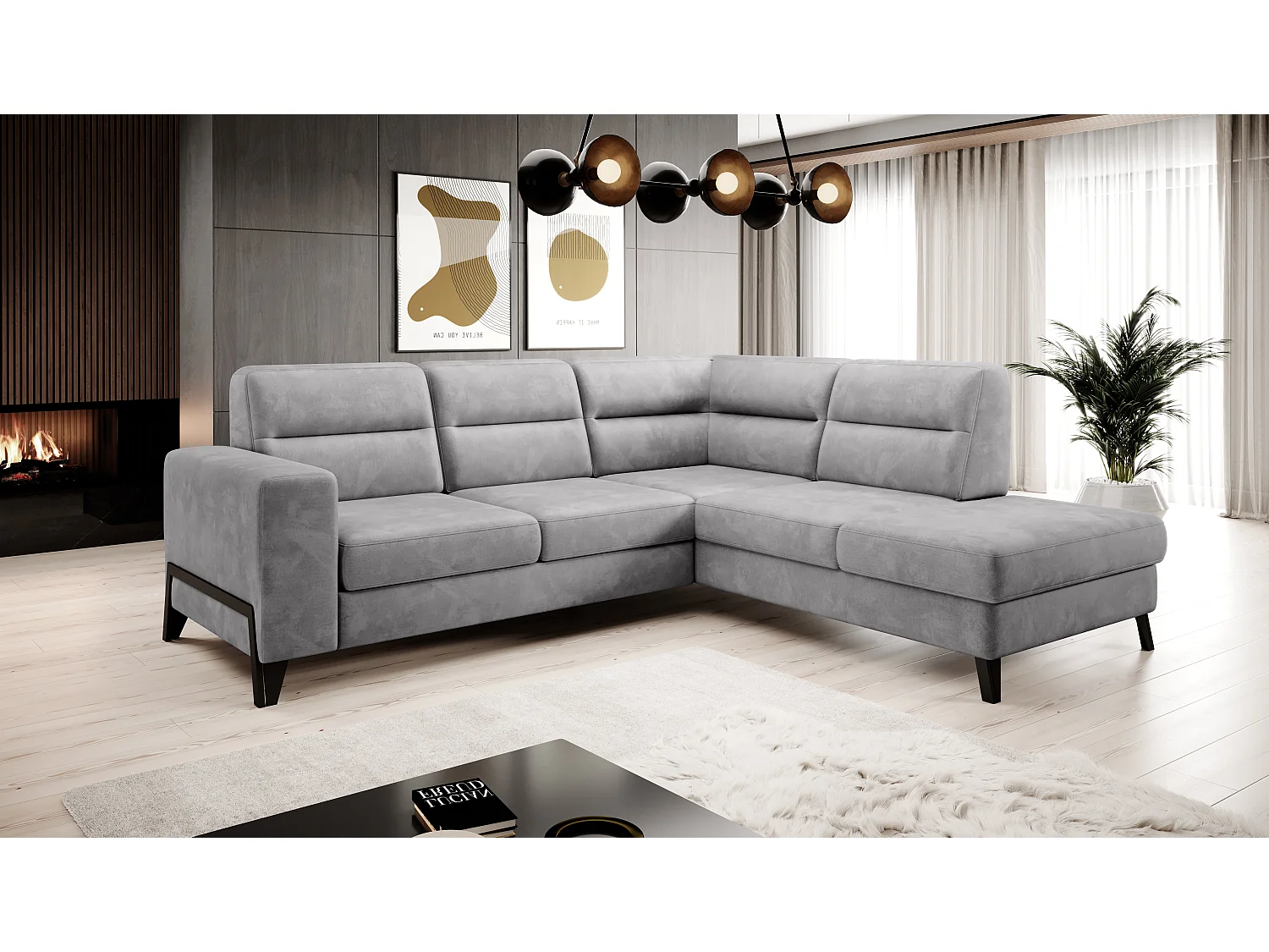 Canapé angle droit convertible tissu doux gris et pieds acier noir Kassidi 277cm