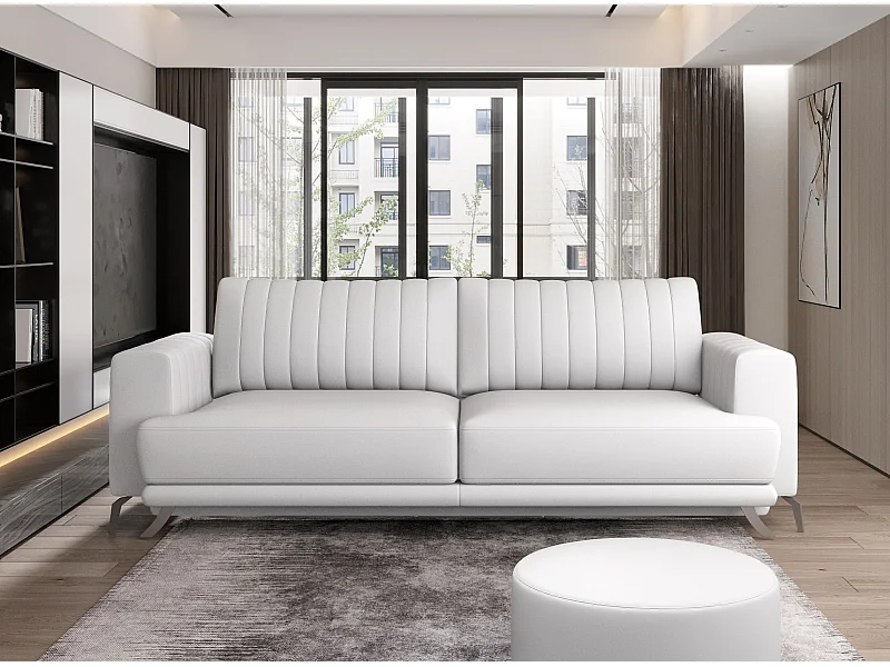 Canapé convertible design 3-4 places simili cuir blanc et pieds acier chromé Eliza 250cm