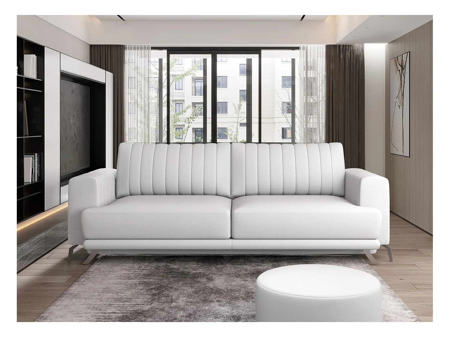 Canapé convertible design 3-4 places simili cuir blanc et pieds acier chromé Eliza 250cm