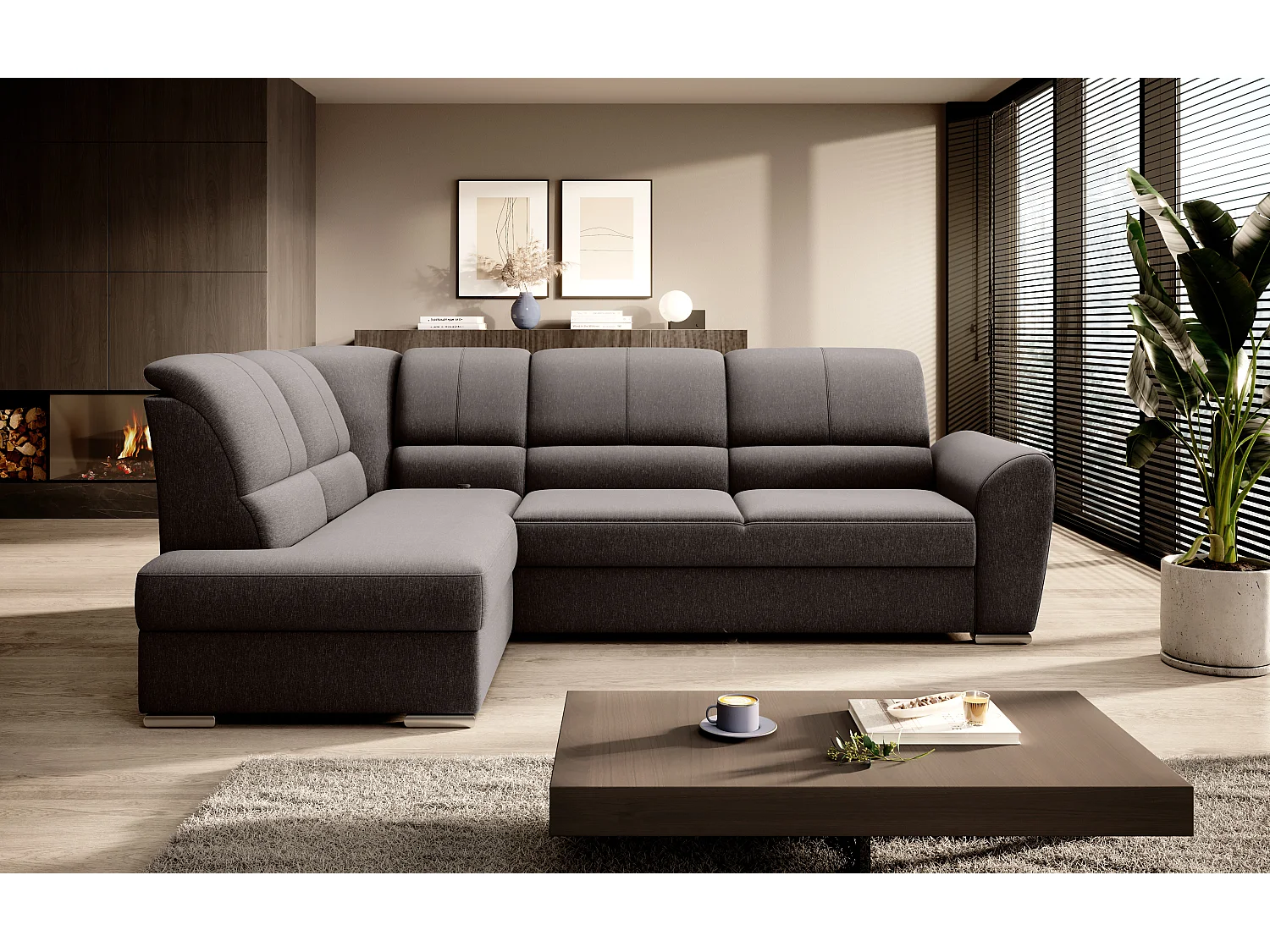 Canapé angle gauche convertible tissu marron et pieds acier chromé Zabor 270cm