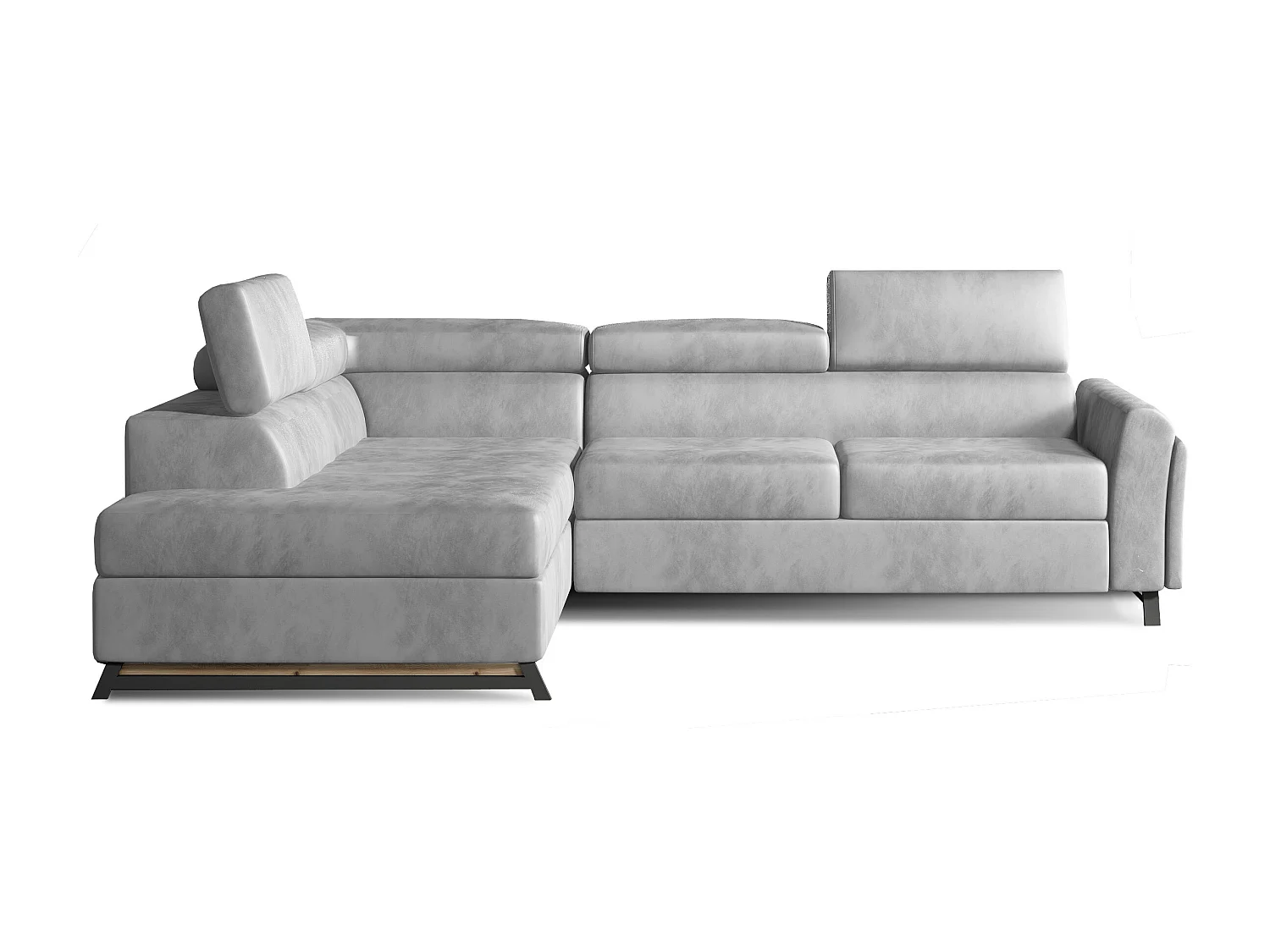 Canapé angle gauche convertible velours gris clair avec têtières réglables Nikos 265cm