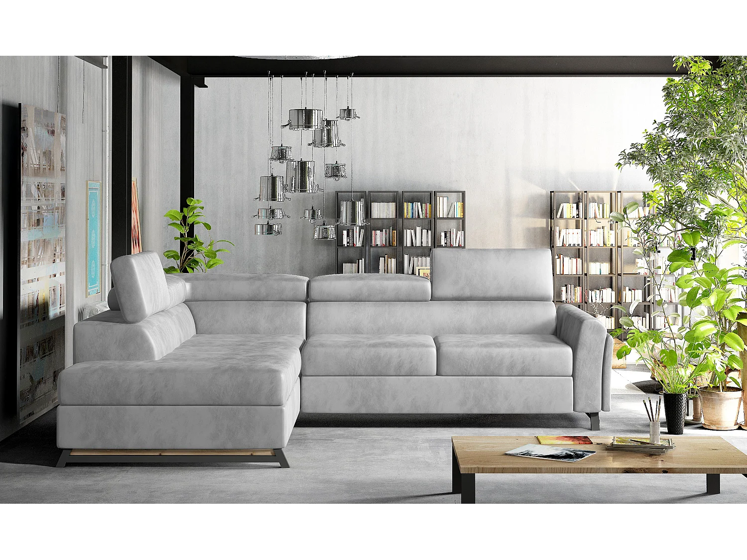 Canapé angle gauche convertible velours gris clair avec têtières réglables Nikos 265cm