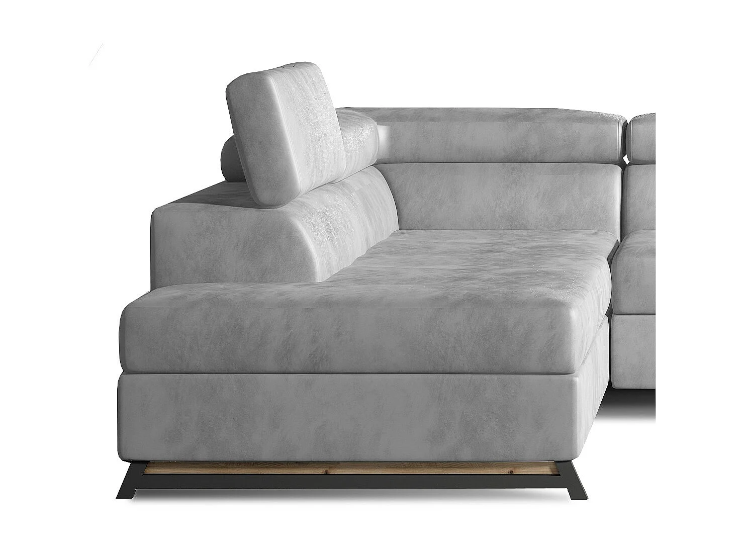 Canapé angle gauche convertible velours gris clair avec têtières réglables Nikos 265cm