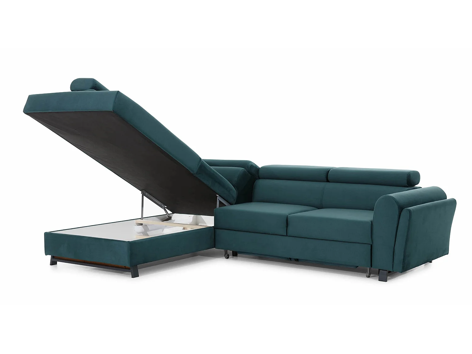 Canapé angle gauche convertible velours gris clair avec têtières réglables Nikos 265cm